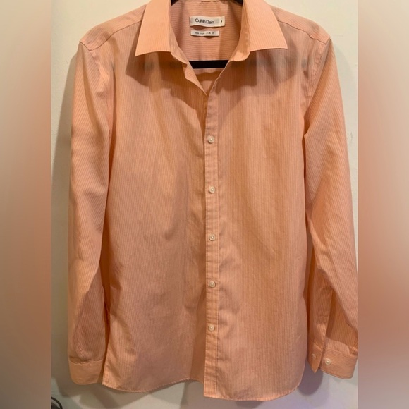 Calvin Klein Non Iron Slim Fit Orange & Gray Pinstripes L/S Men’s Shirt Size M - Picture 1 of 4